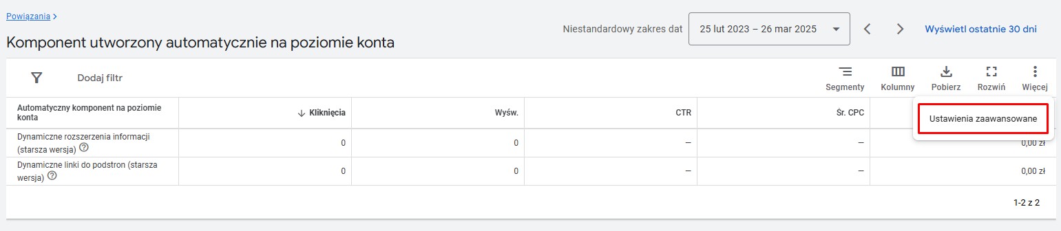 komponenty ustawienia zaawansowane