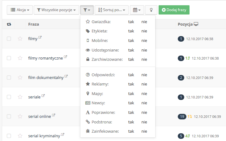 monitoring pozycji w Google Asps filtrowanie