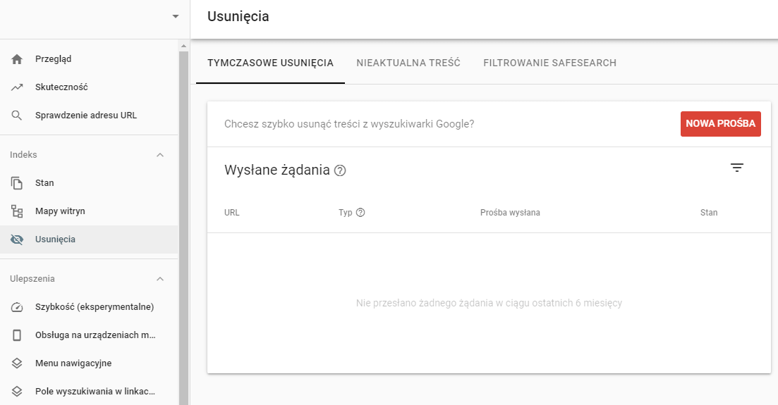 usunięcia - panel google search console