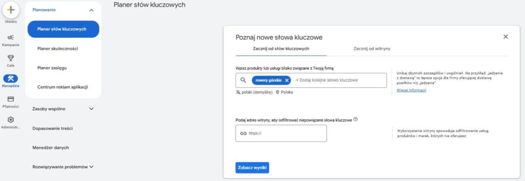 slowa kluczowe planer ads
