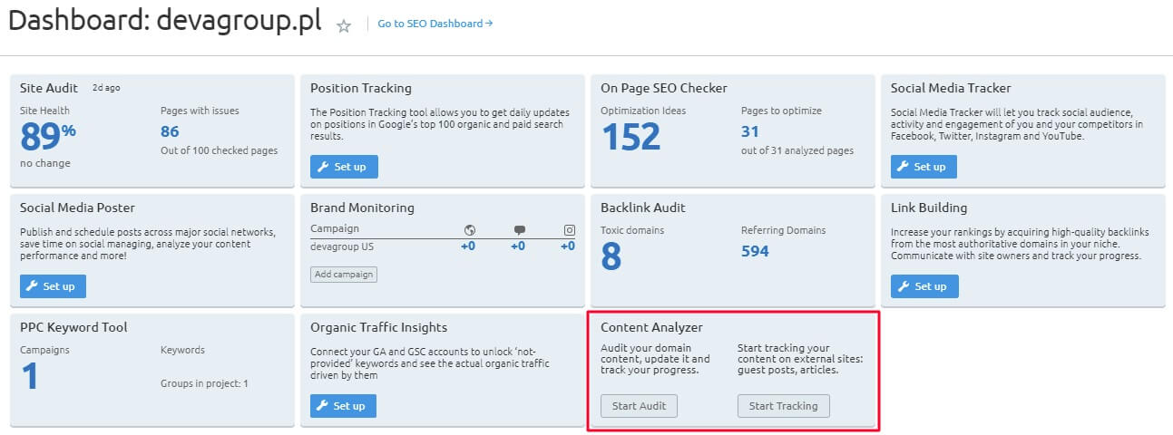 Content Analyzer dashboard
