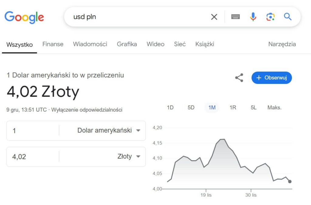 kursy walut wyszukiarka google
