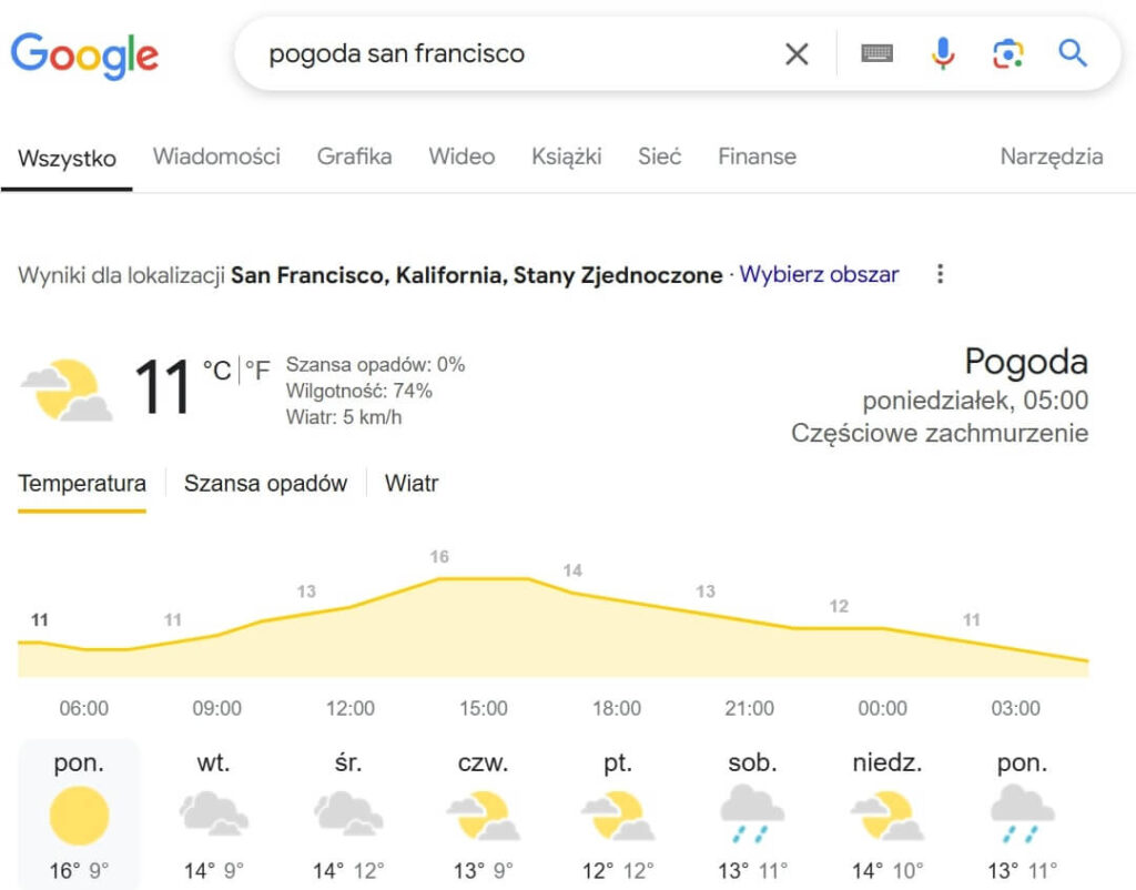 pogoda wyszukiwarka google