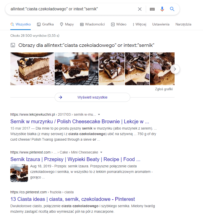 operatory wyszukiwania w Google