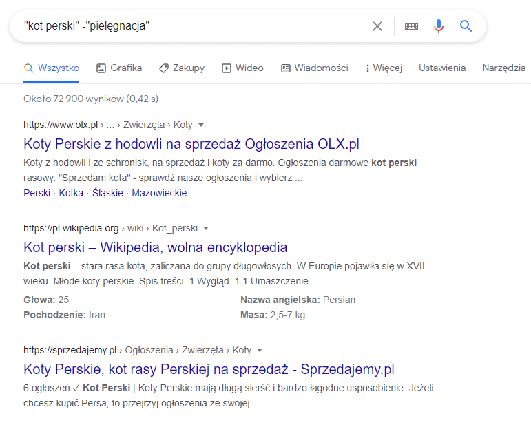 operatory wyszukiwania w Google