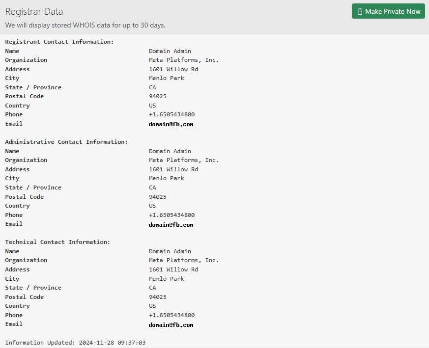 registrar data whois facebook