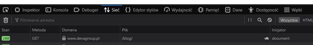 Weryfikacja błędu serwera w przeglądarce