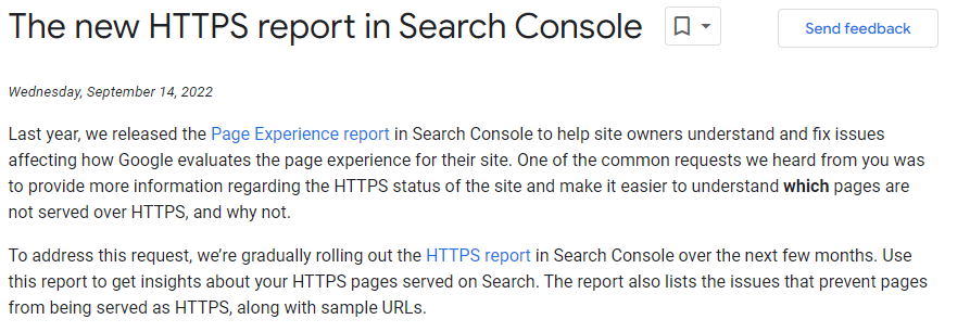 screen informacji na temat nowego raportu https w google search console