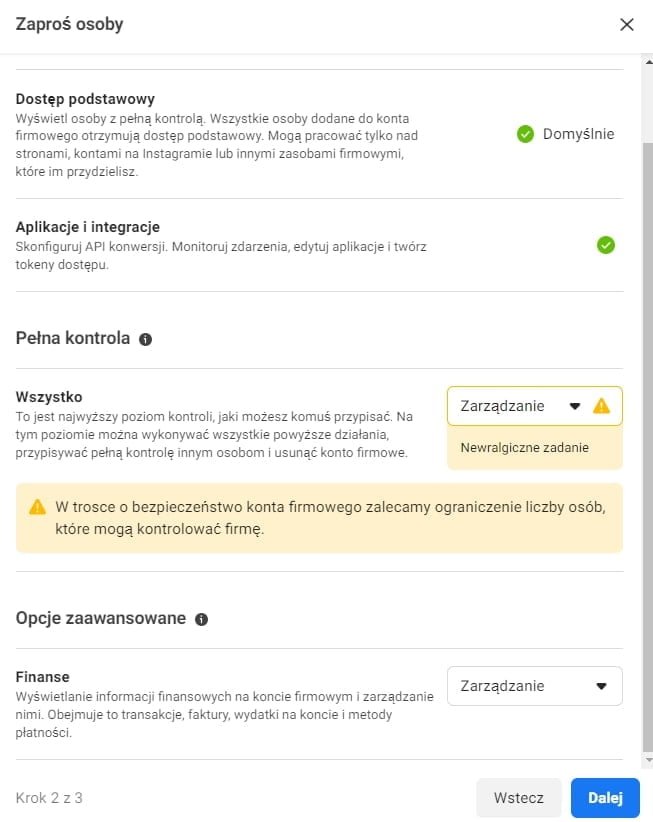 poziomy uprawnień business suite