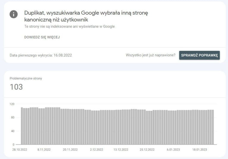 Co oznacza komunikat, że wystąpił duplikat, a wyszukiwarka Google wybrała inną stronę kanoniczną niż użytkownik?