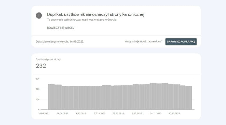 Co oznacza komunikat, że wystąpił duplikat, a użytkownik nie oznaczył strony kanonicznej?