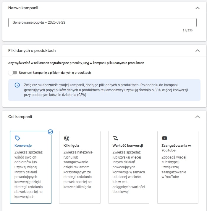 tworzenie kampanii demandgen opcje kampanii