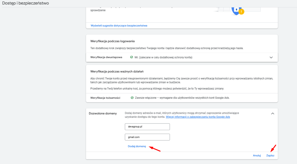 przyznawanie dostepu google ads dodawanie domeny
