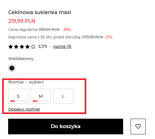 dostępność produktu wg rozmiaru