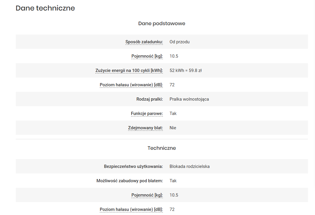specyfikacja produktu w tabeli
