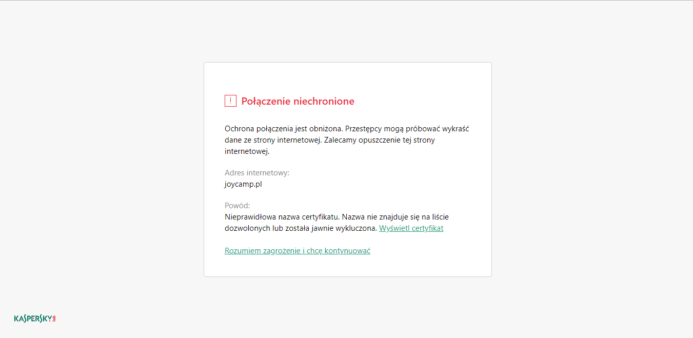 Komunikat wyświetlany przed wejściem na stronę nie opartą na protokole HTTPS
