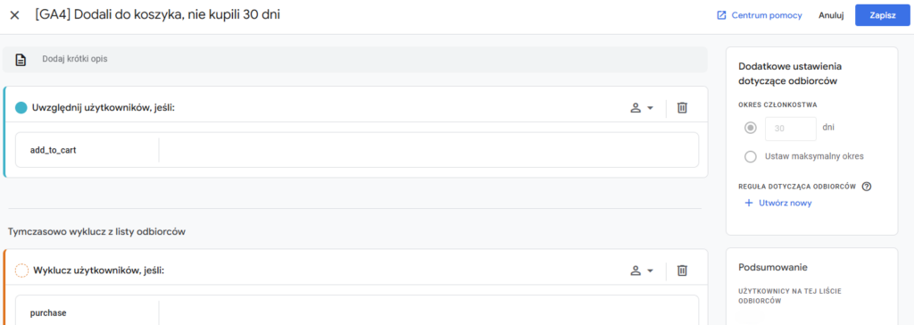 przykładowa lista odbiorców GA4