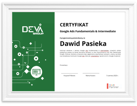Certyfikat szkolenia DevaGroup